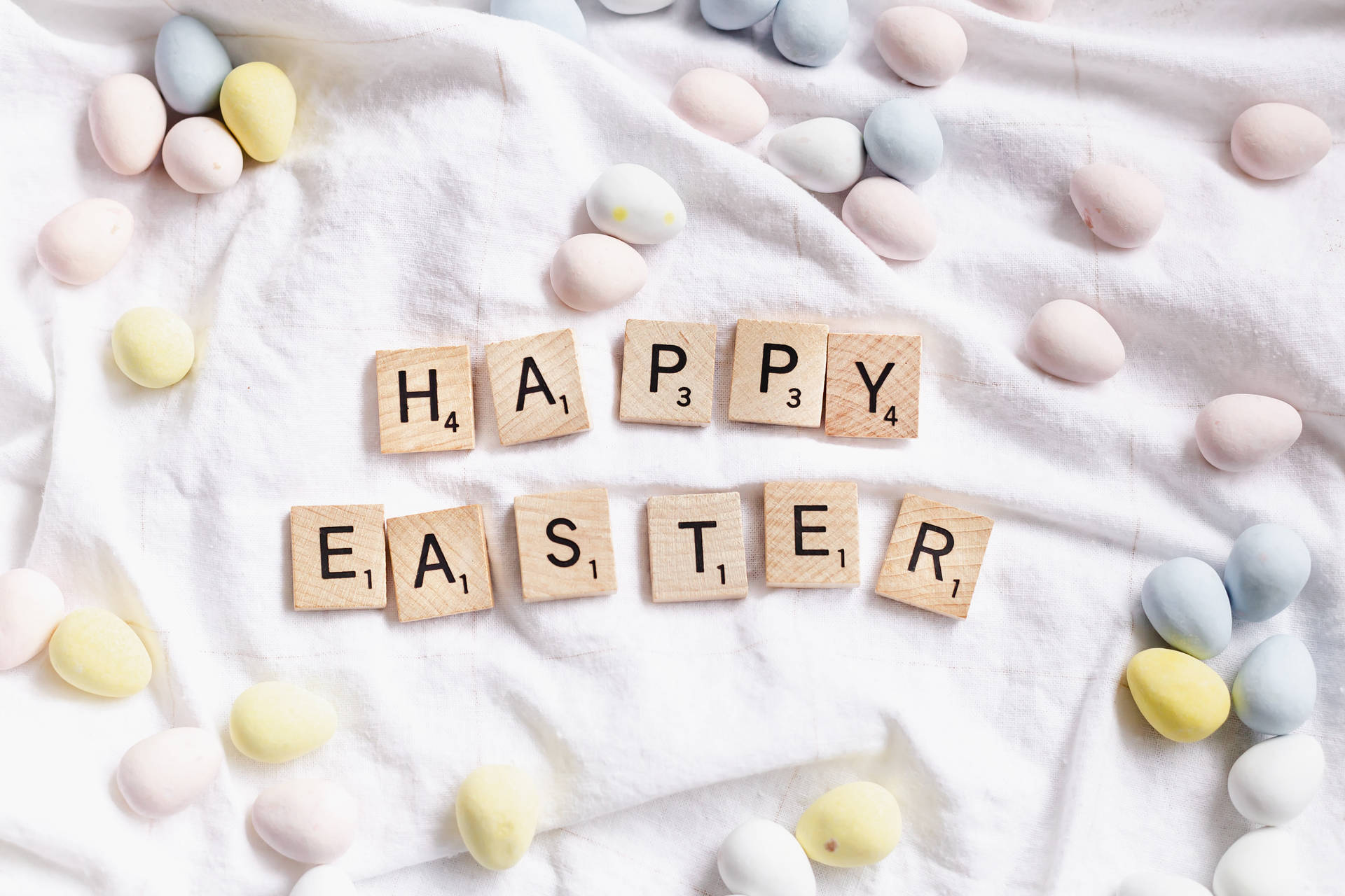 Happy Easter Scrabble Tiles Pastel Eggs Background