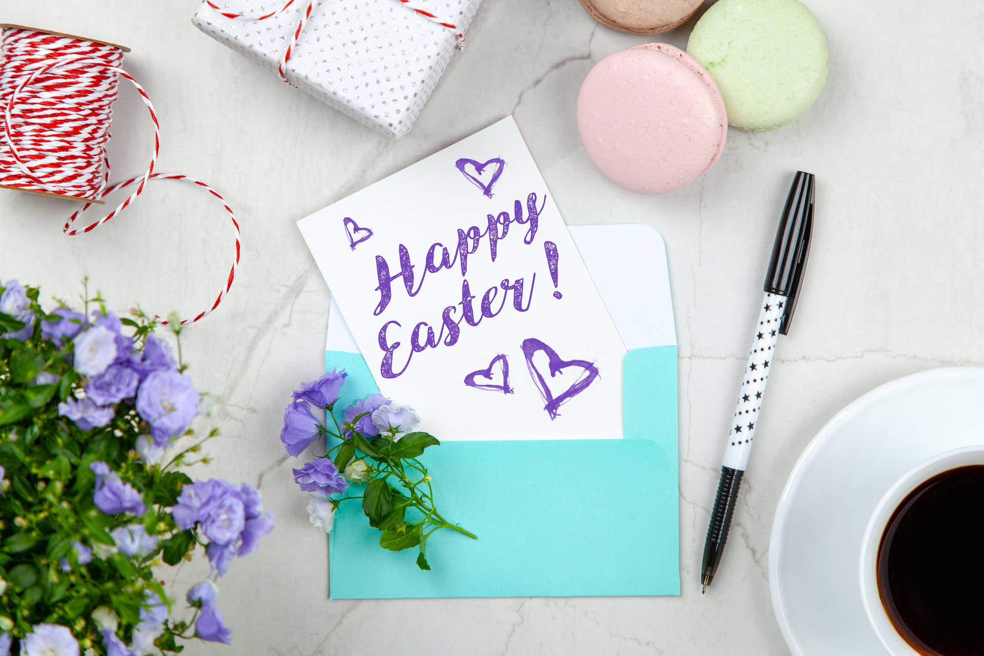Happy Easter Violet Letter Flat Lay Background