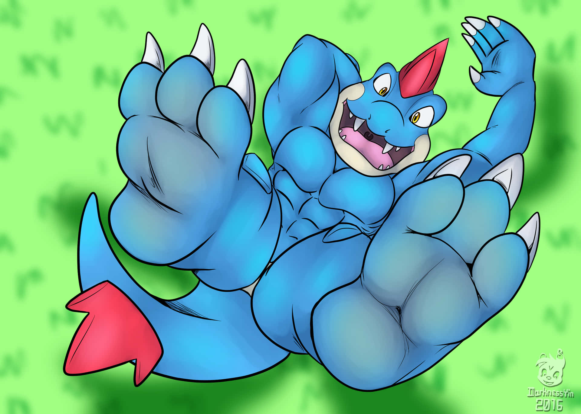 Happy Feraligatr Resting On The Grass Background
