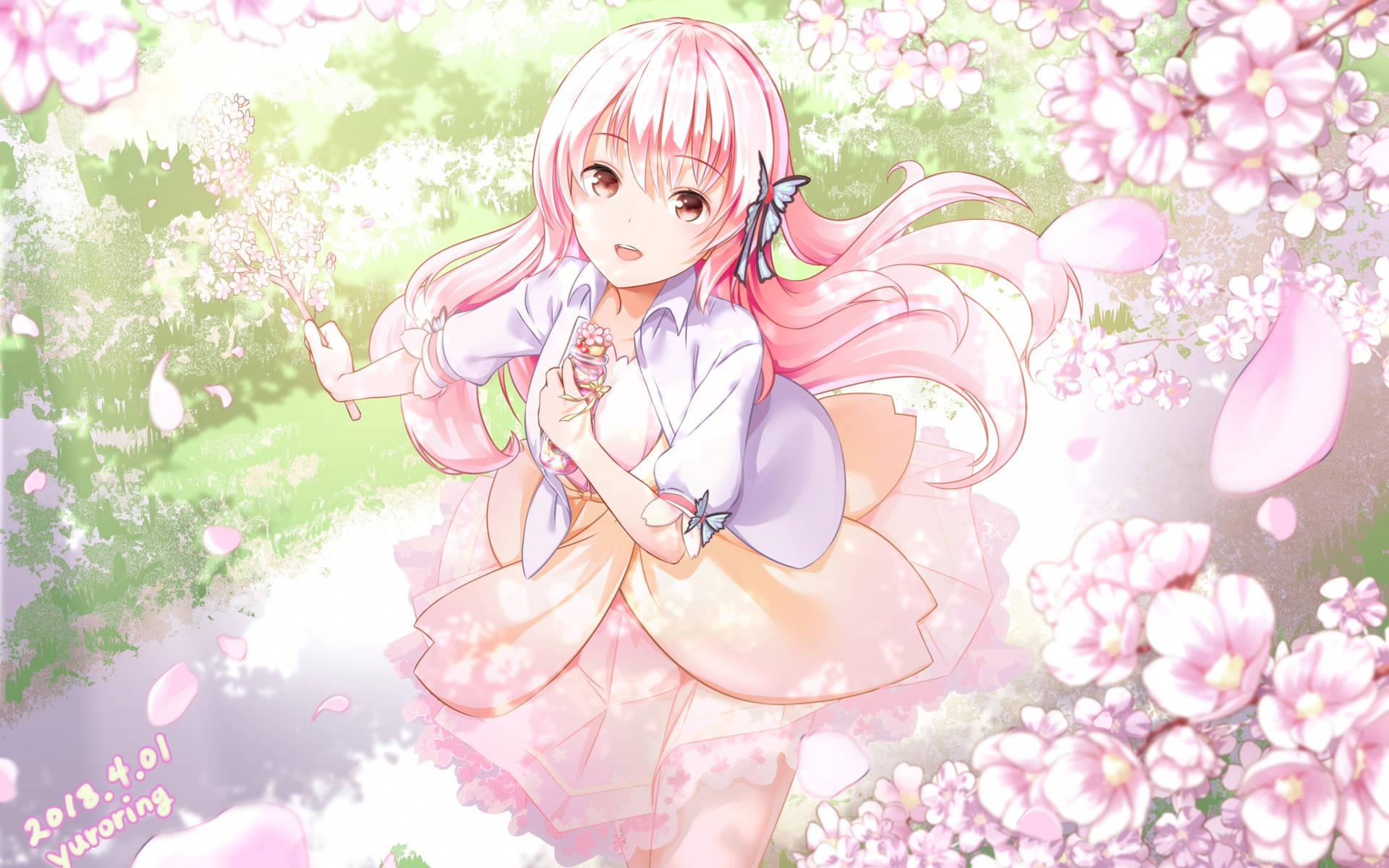 Happy Girl Sakura Bunga Background