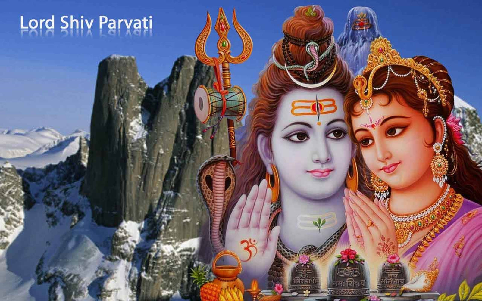 Happy Hindu Lord Shiva Parvati On Snow Mountain Background