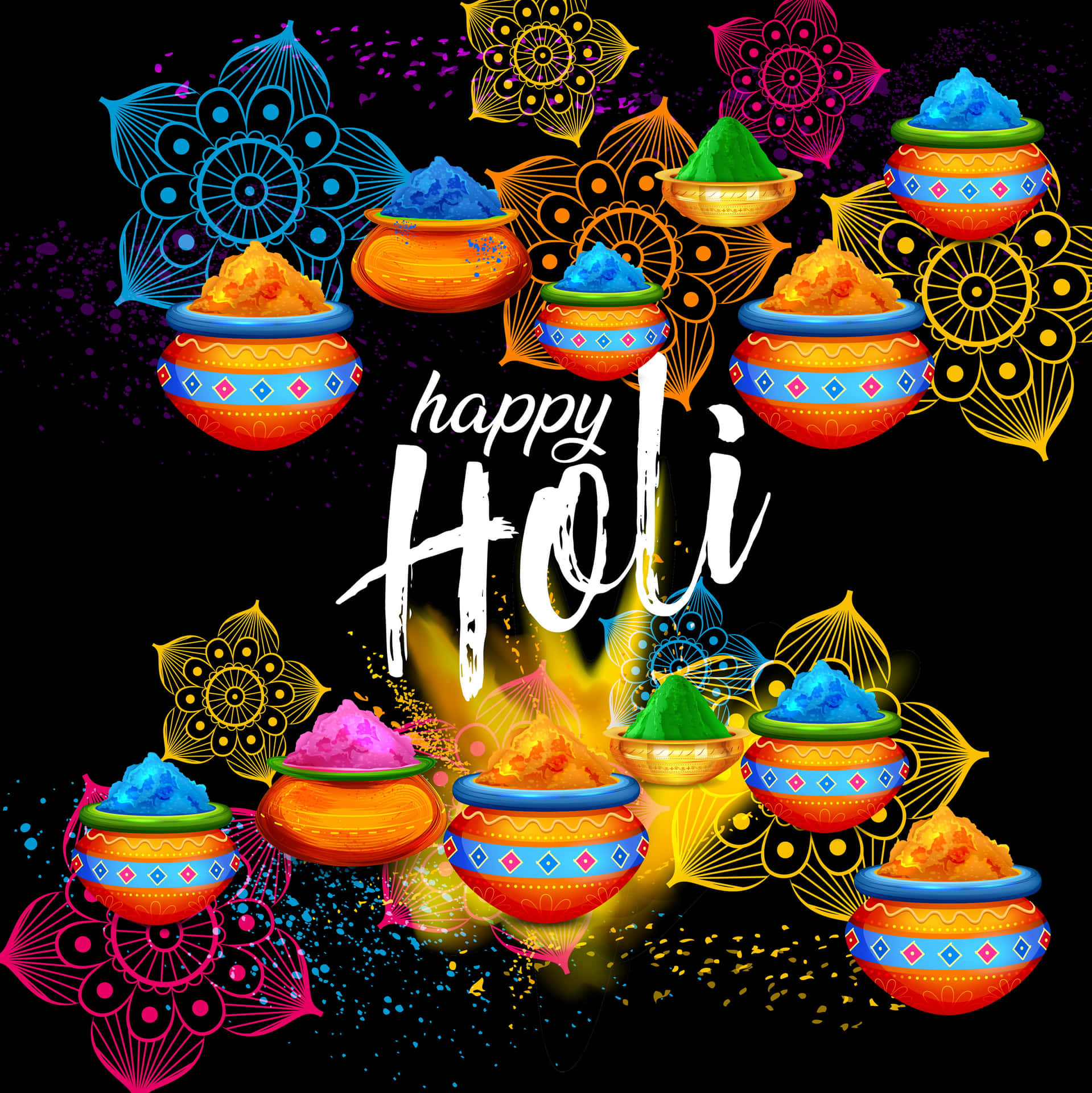Happy Holi With Colorful Bowls And Flowers Background