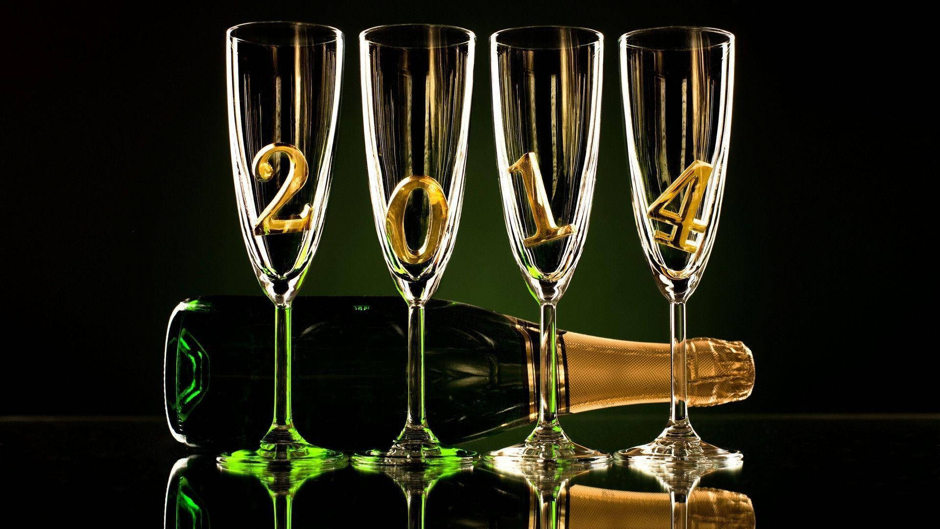 Happy New Year 2014 In Wine Glasses Background