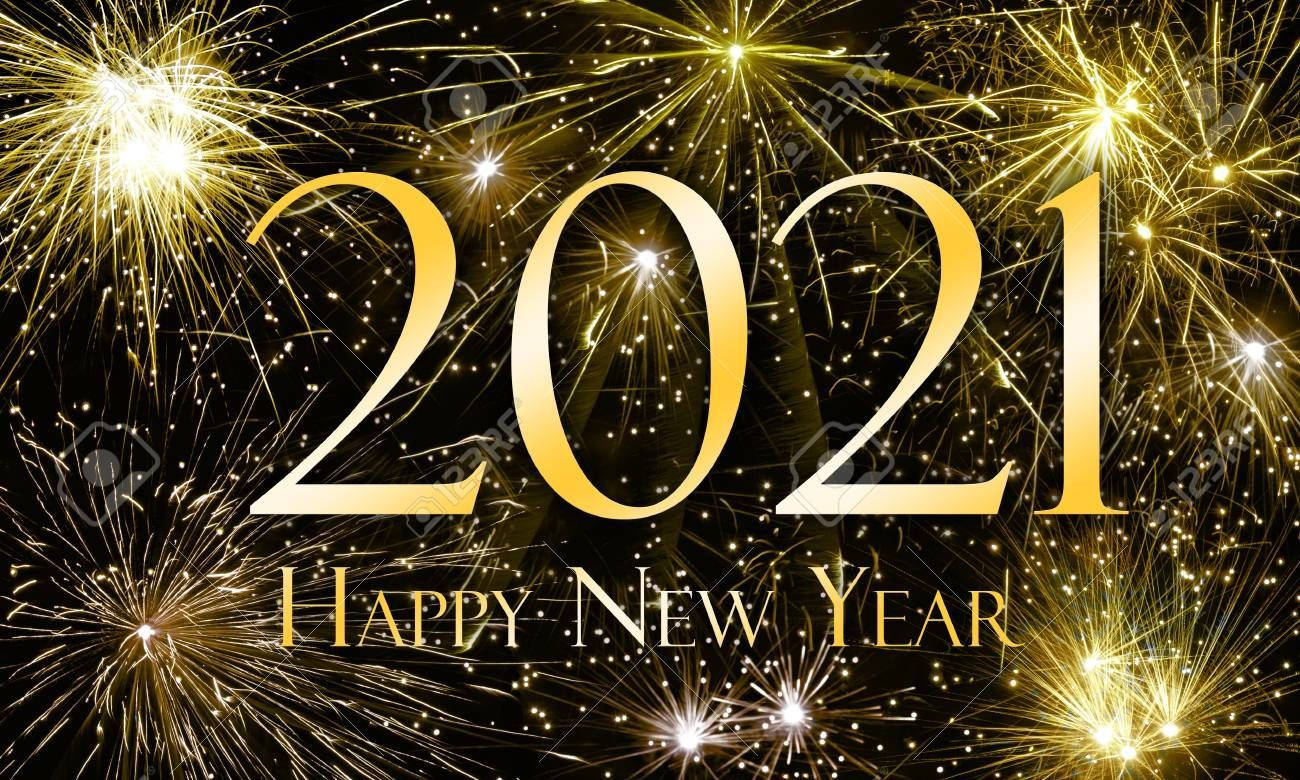 Happy New Year 2021 With Yellow Fireworks Display Background