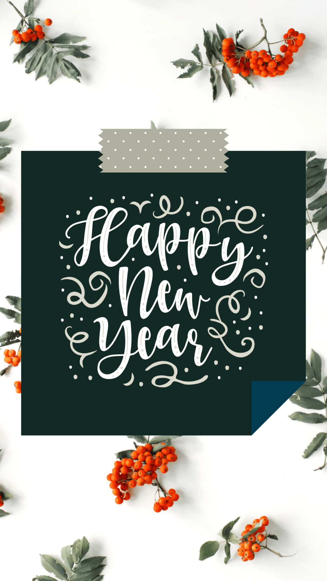 Happy New Year Greeting Card With Berries And Leaves Background