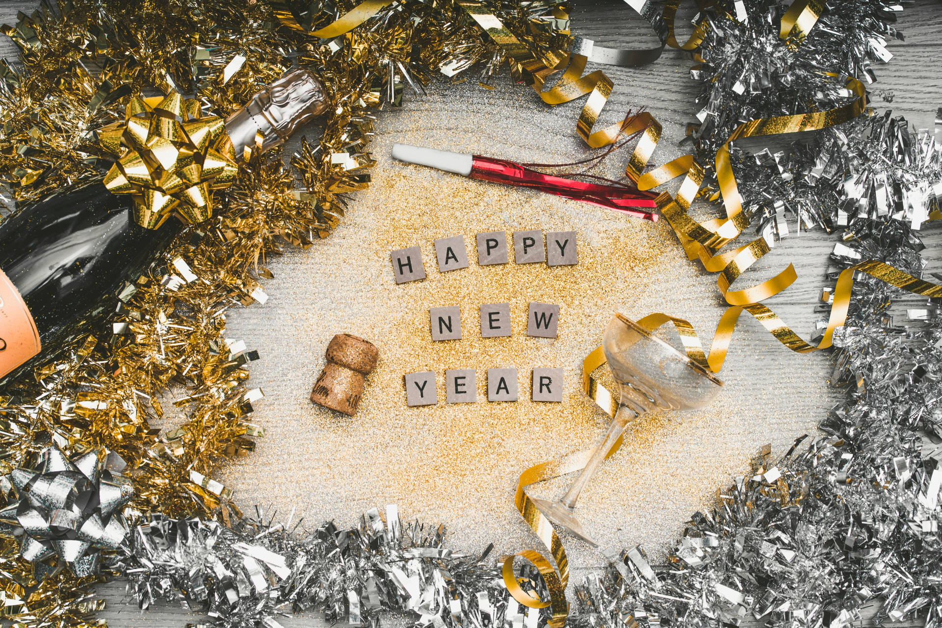 Happy New Year's Garlands With Wine Background