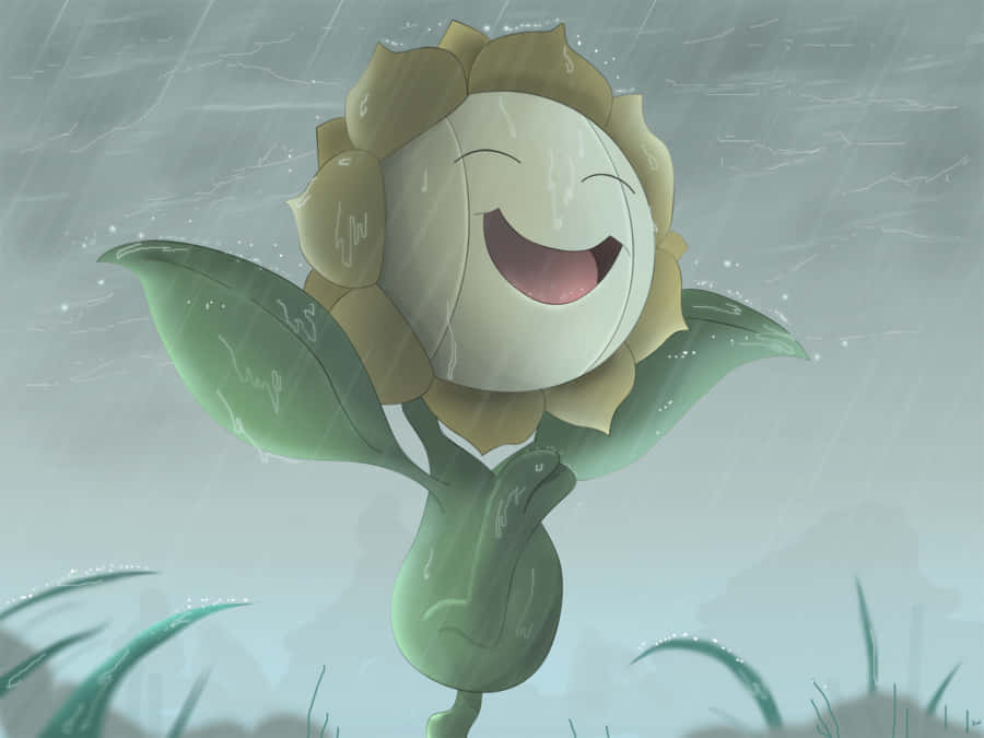Happy Sunflora Under Rain Background