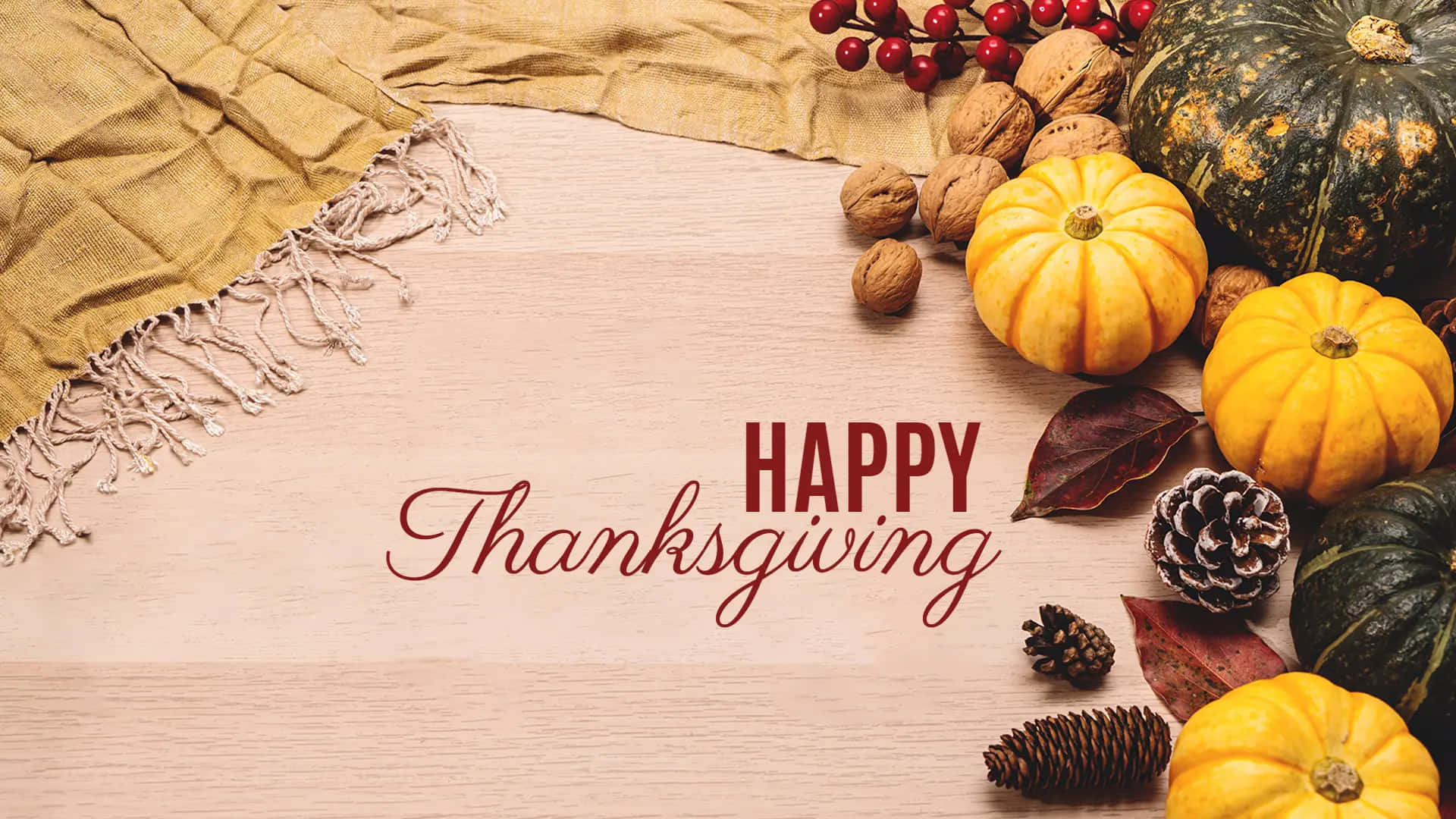 Happy Thanksgiving With Pumpkins And Pine Cones Background