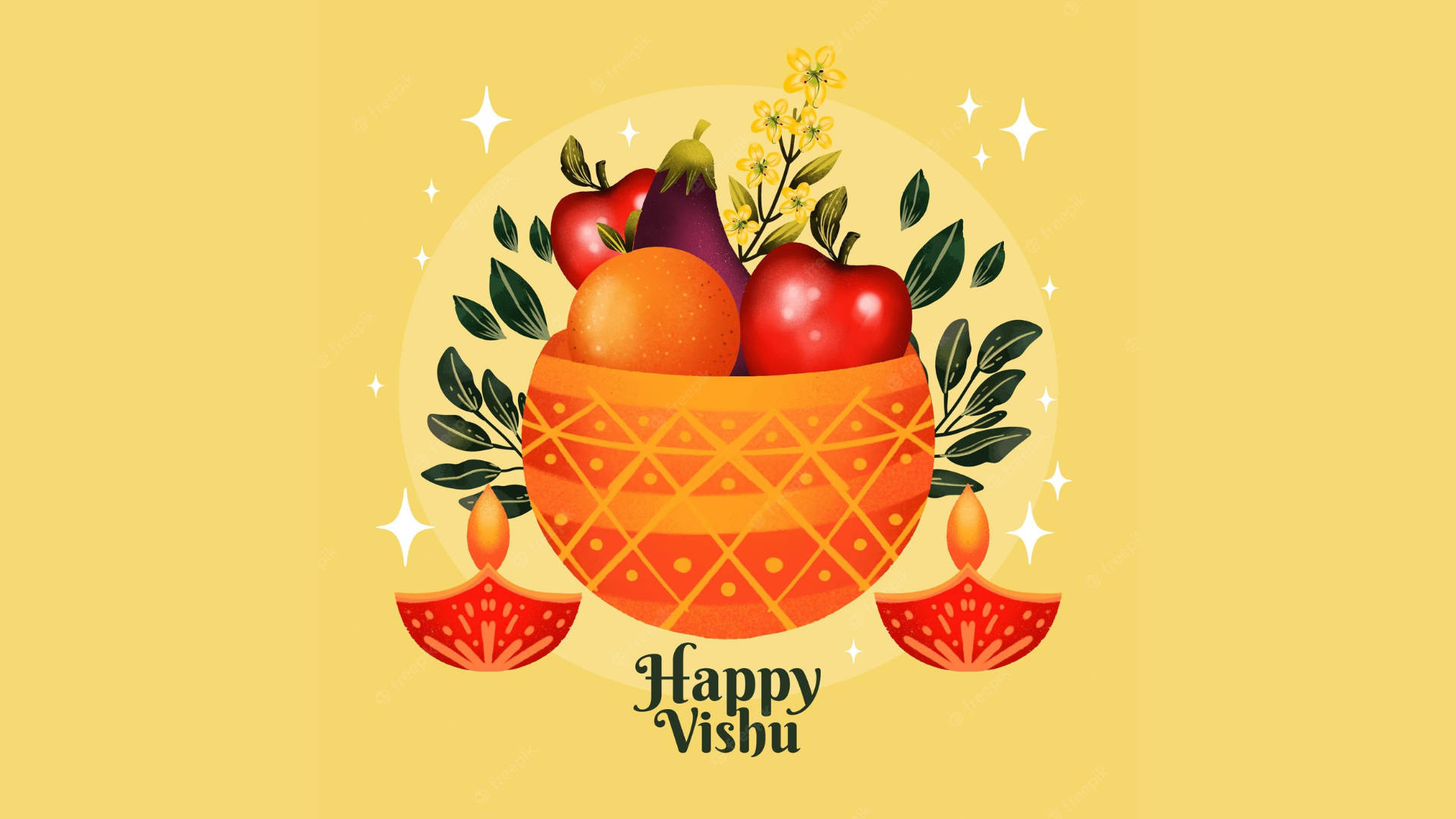 Happy Vishu Fruit Basket On Yellow Background Background