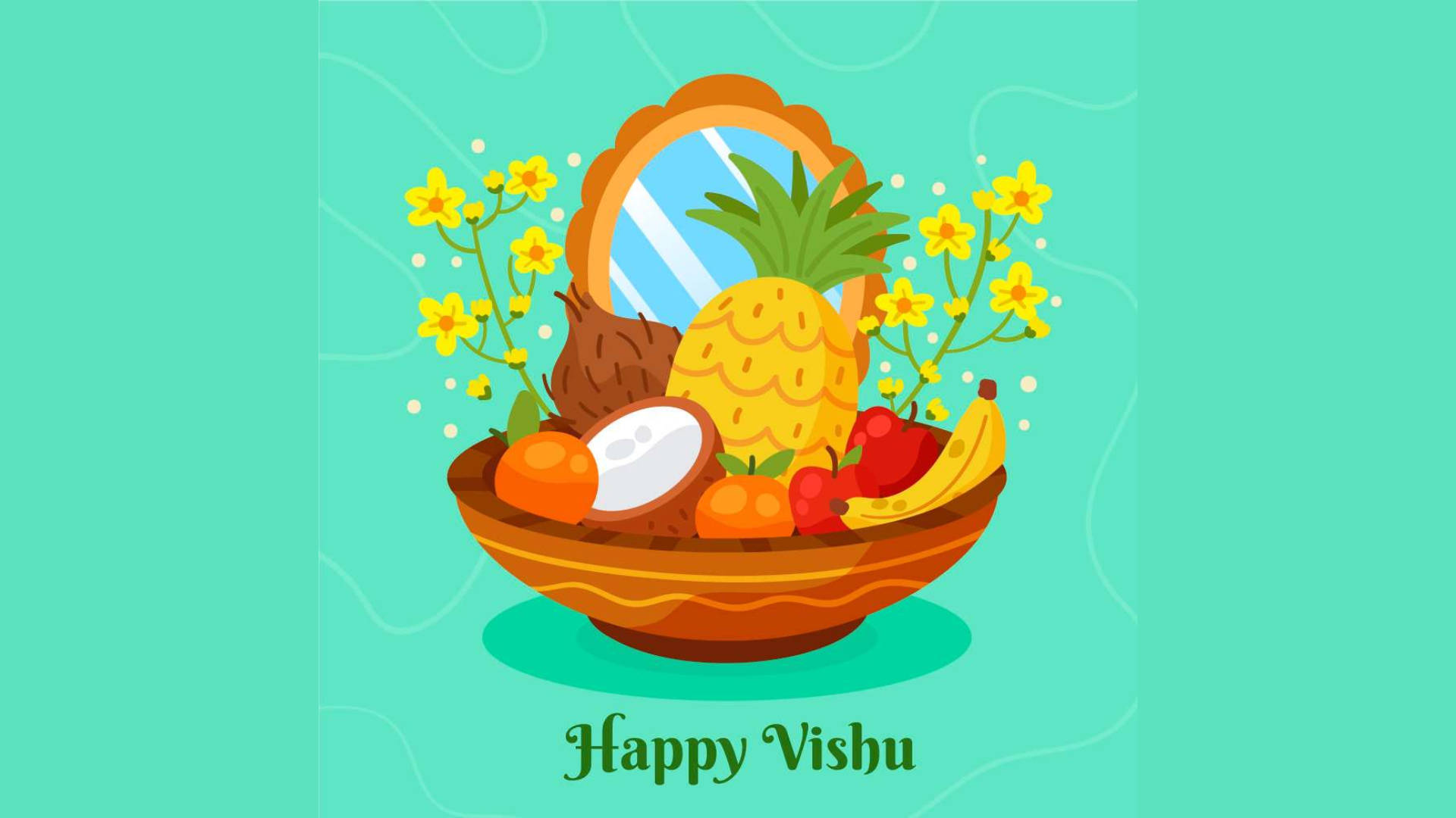 Happy Vishu Fruit Basket Teal Background