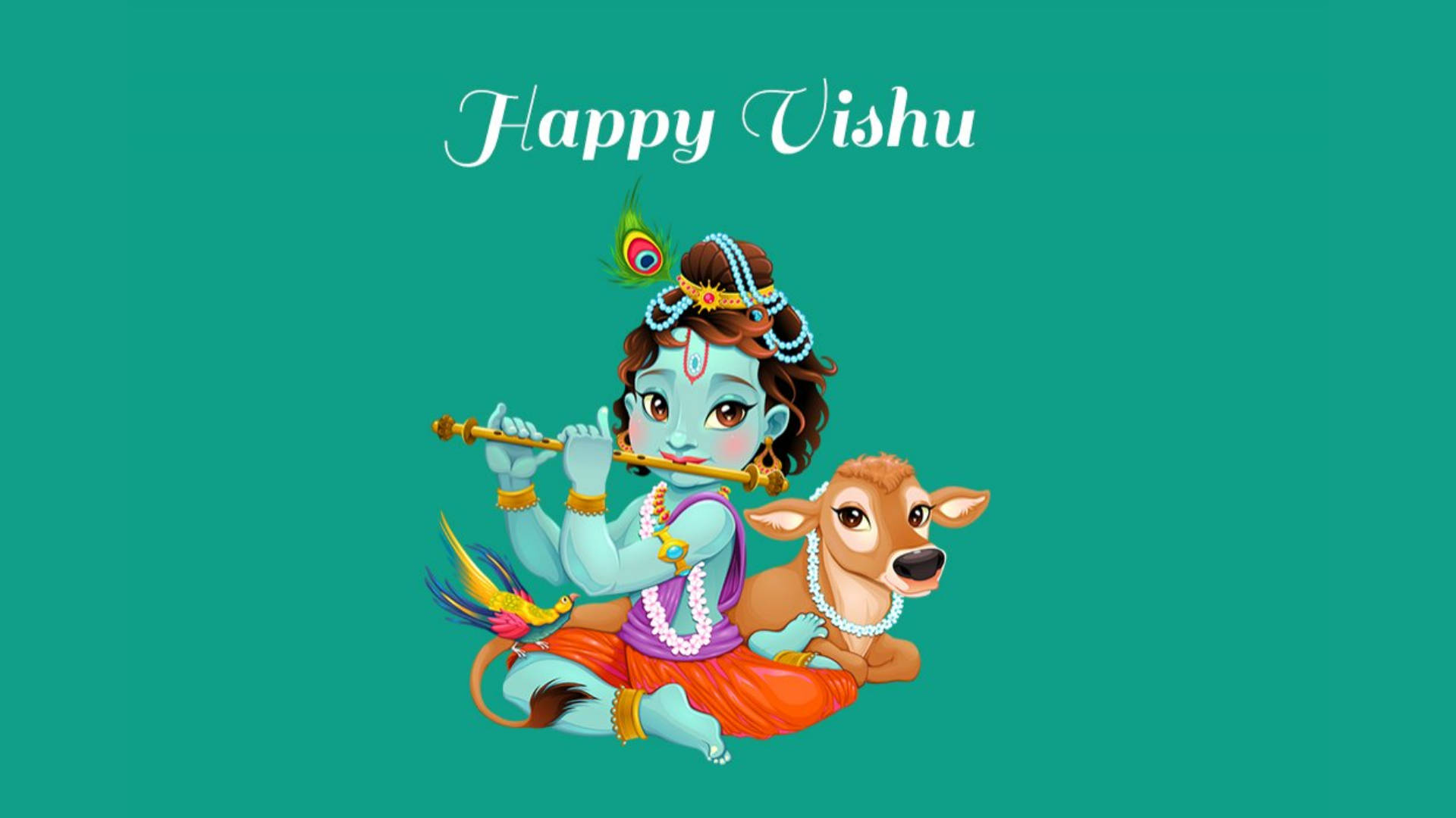 Happy Vishu Greeting Card In Sea Green Color Background