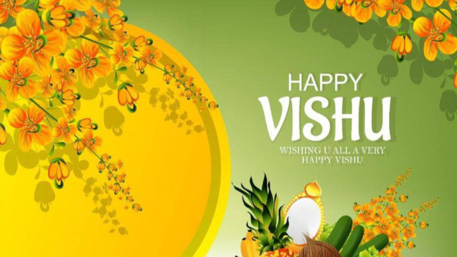 Happy Vishu Greeting Image Frangipani Fruits Background