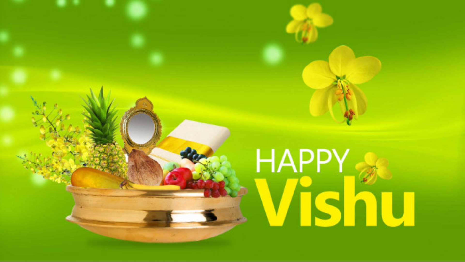 Happy Vishu Greeting With Fruits And Blooms Background