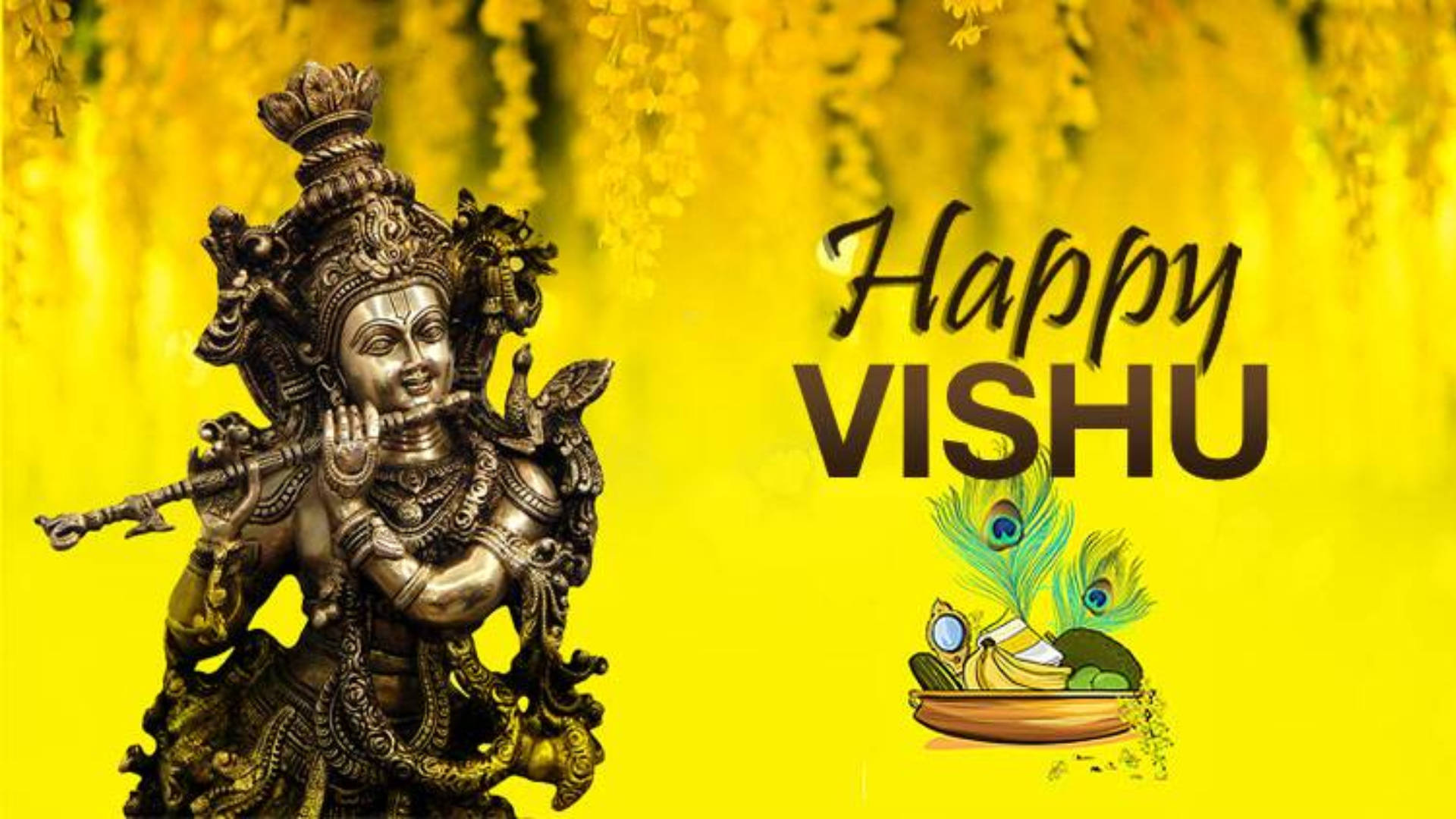 Happy Vishu Greeting With Golden Shower Blooms Background