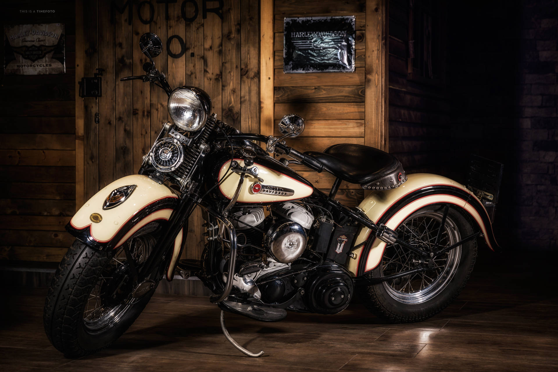 Harley Davidson In A Wooden Background Background