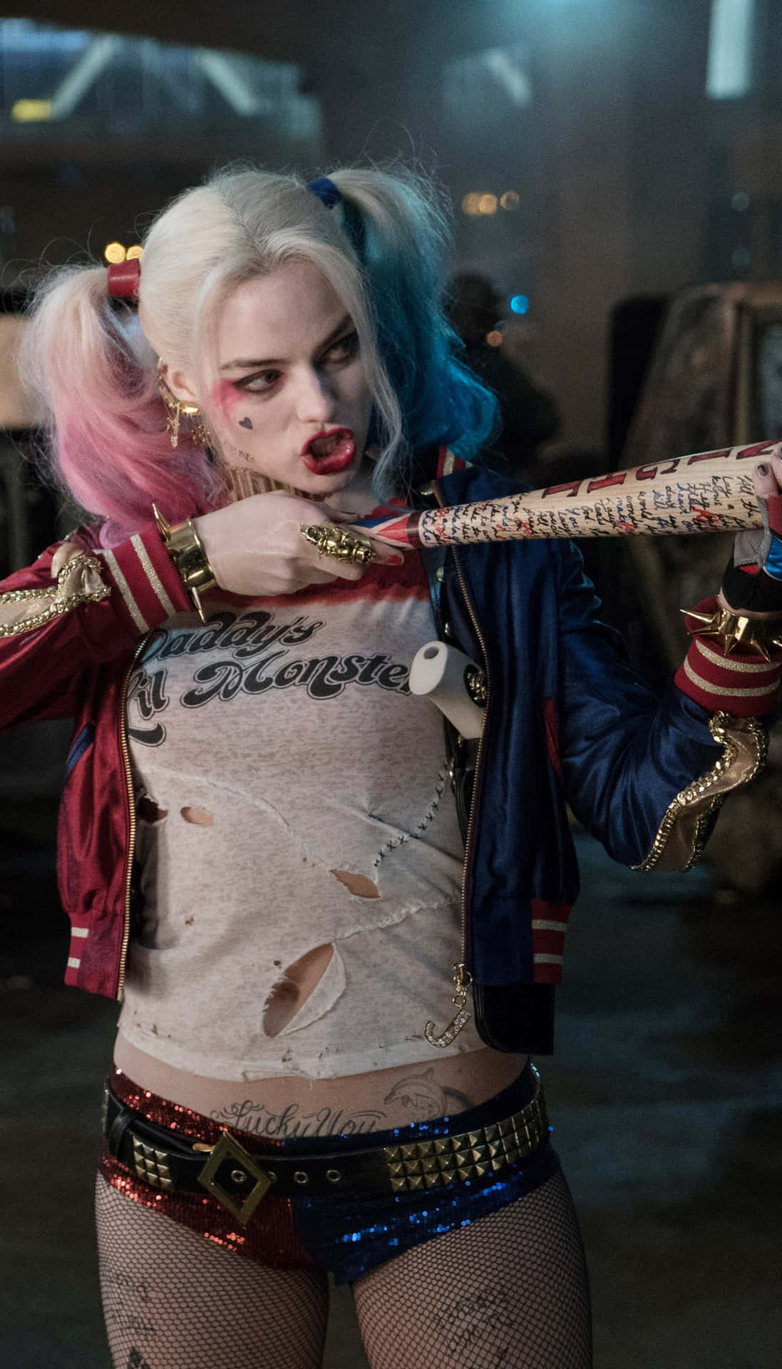 Harley Quinn In A Costume Holding A Bat Background