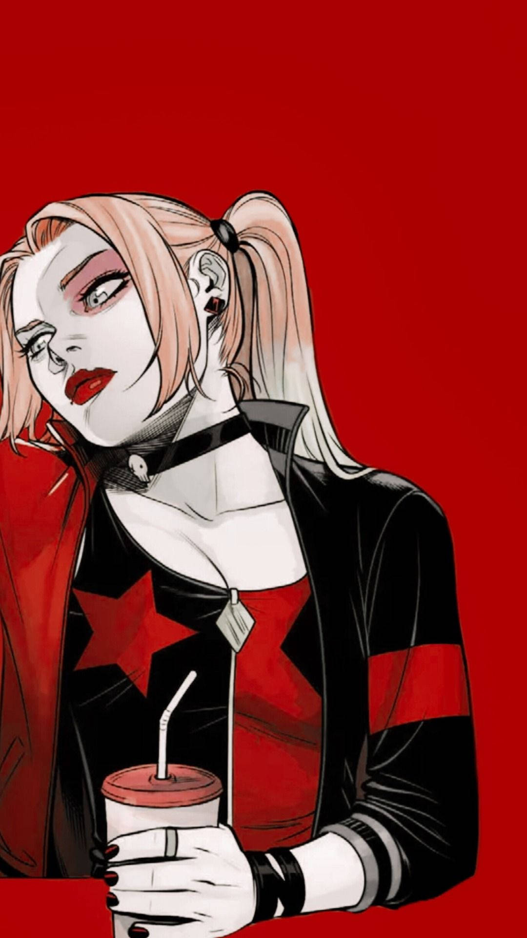 Harley Quinn Phone Drink In Hand Background