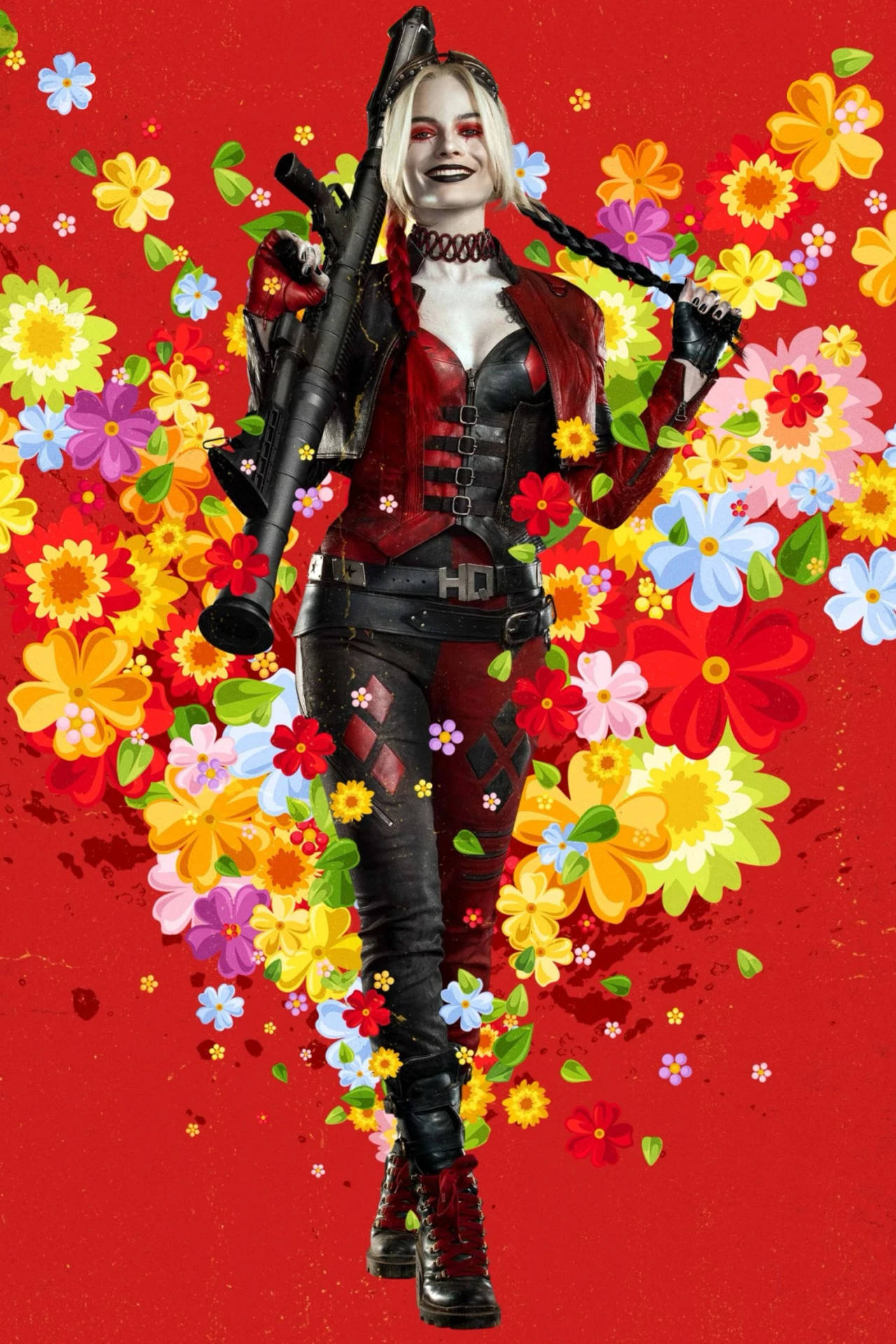 Harley Quinn Phone Floral Red Background