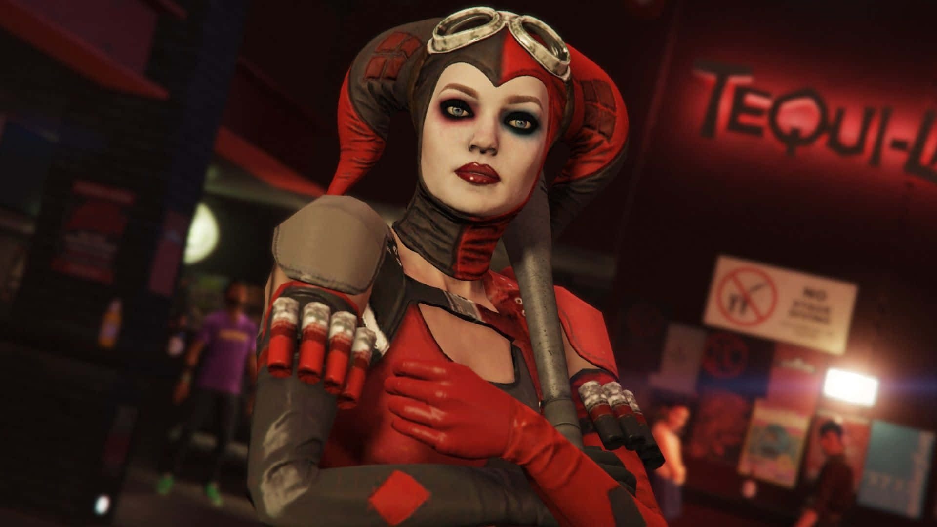 Harley Quinn Showing Off Her Infamous Weapon In The Videogame Arkham City.