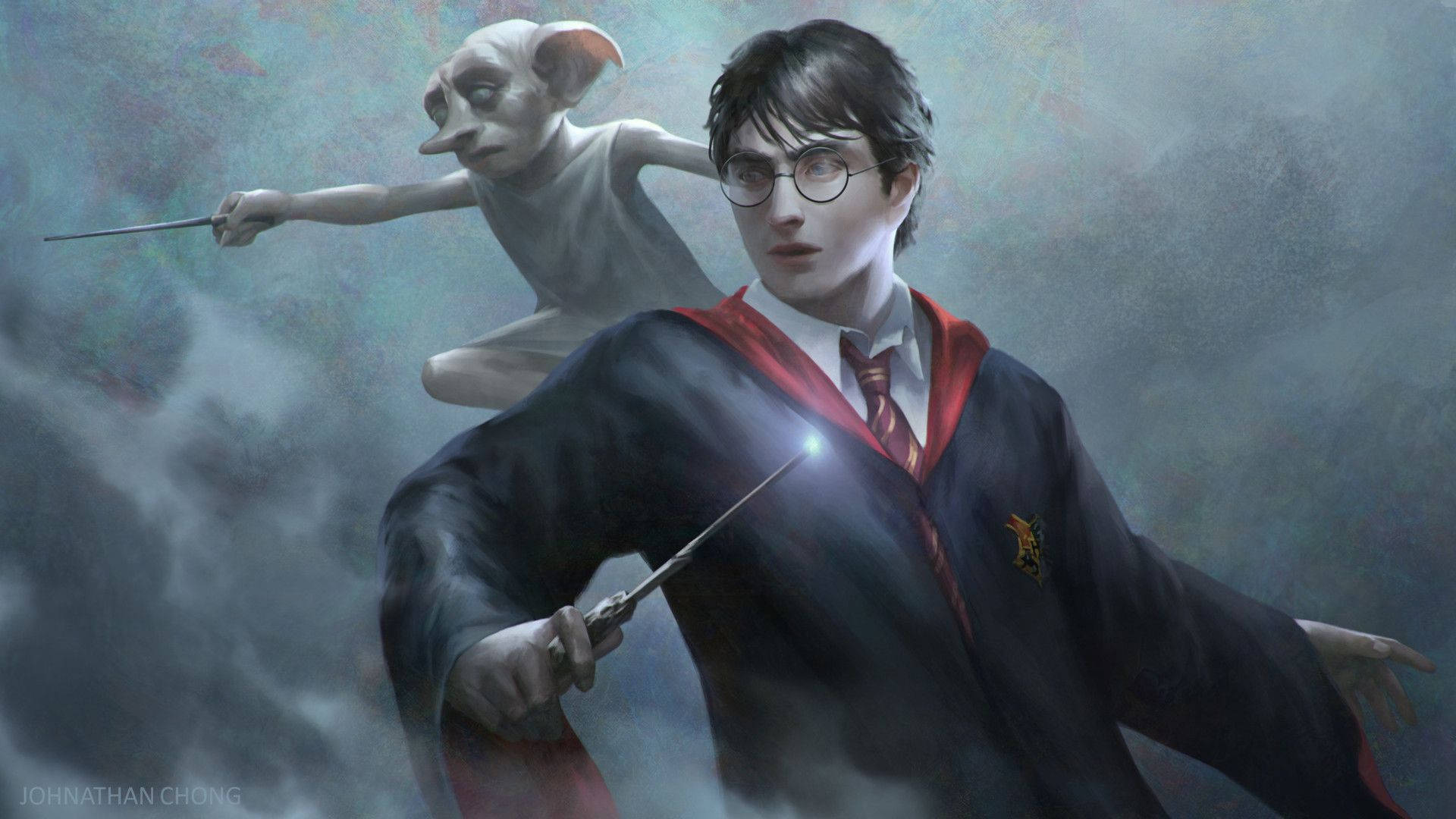 Harry And Dobby With Wand Painting Background