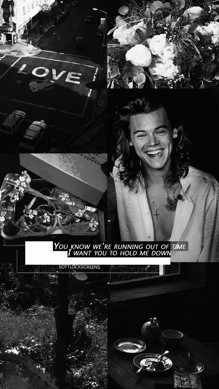 Harry Styles Black And White Collage With Gifts Background