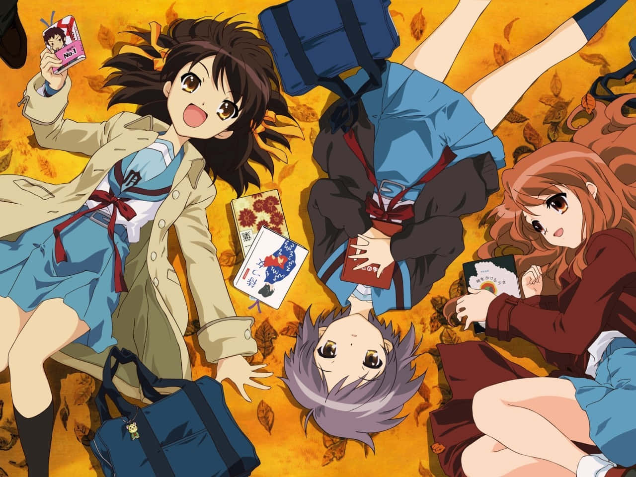 Haruhi Mikuru And Yuki Lying On Fall Anime Background