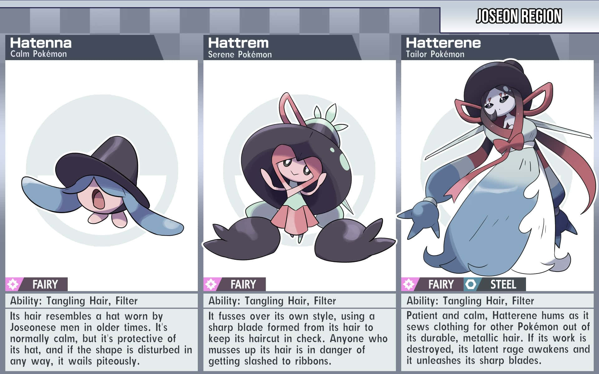 Hatenna, Hattrem, And Hatterene With Descriptions Background