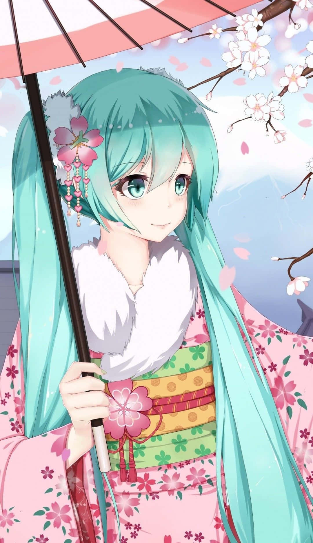 Hatsune Miku In Japanese Spring Yukata Phone Background