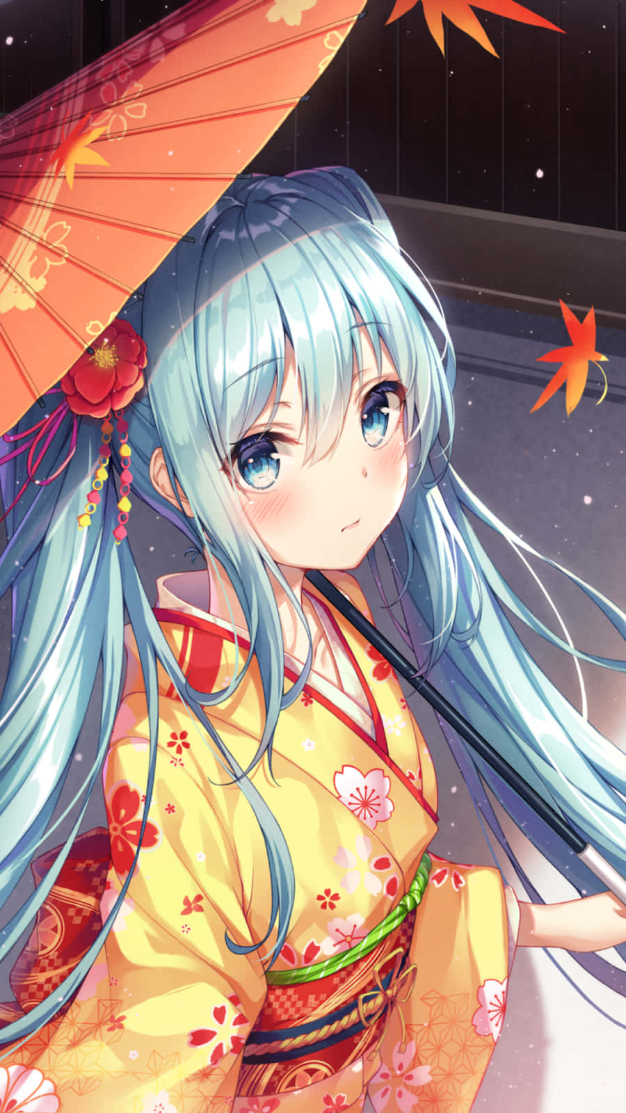 Hatsune Miku In Yellow Kimono Phone Background