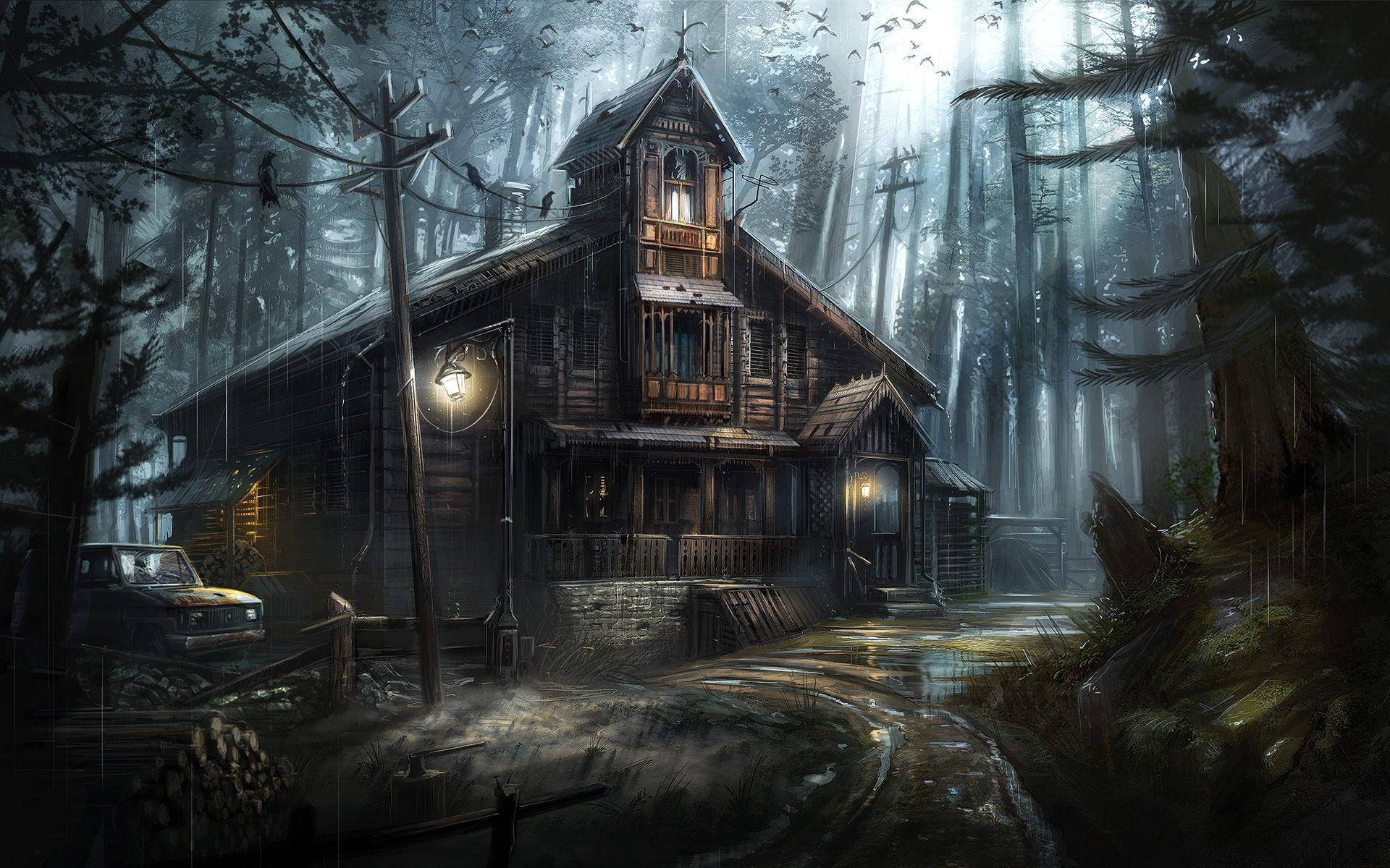 Haunted House In Forest Background