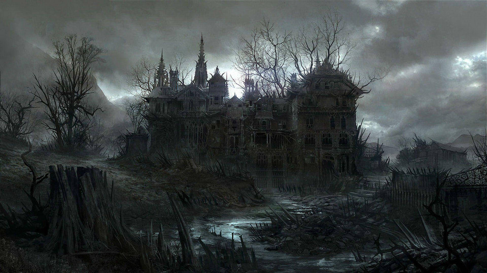 Haunted House With Barren Trees