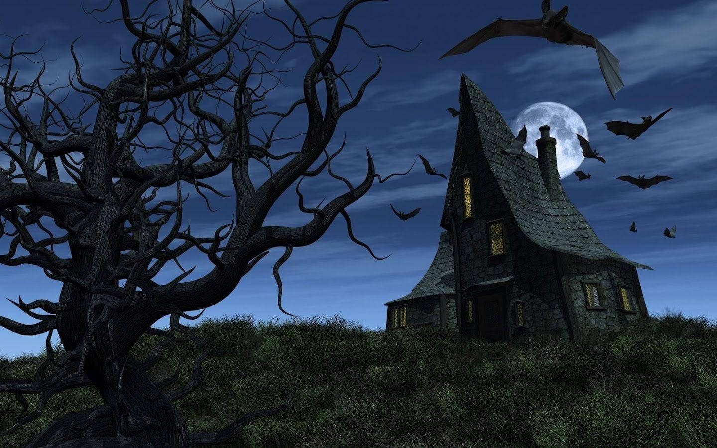 Haunted House With Bats Background