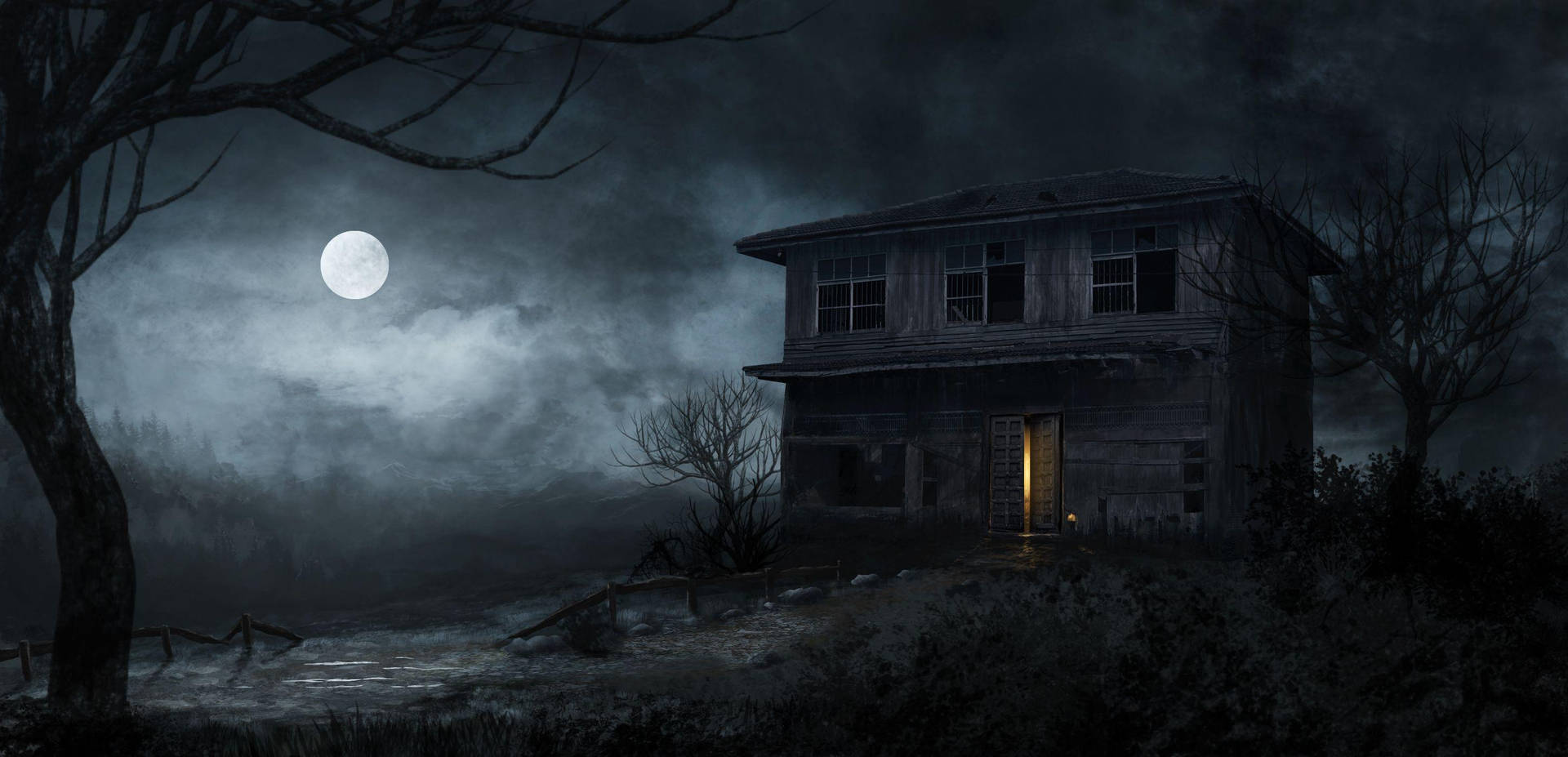 Haunted House With Bright Moon Background