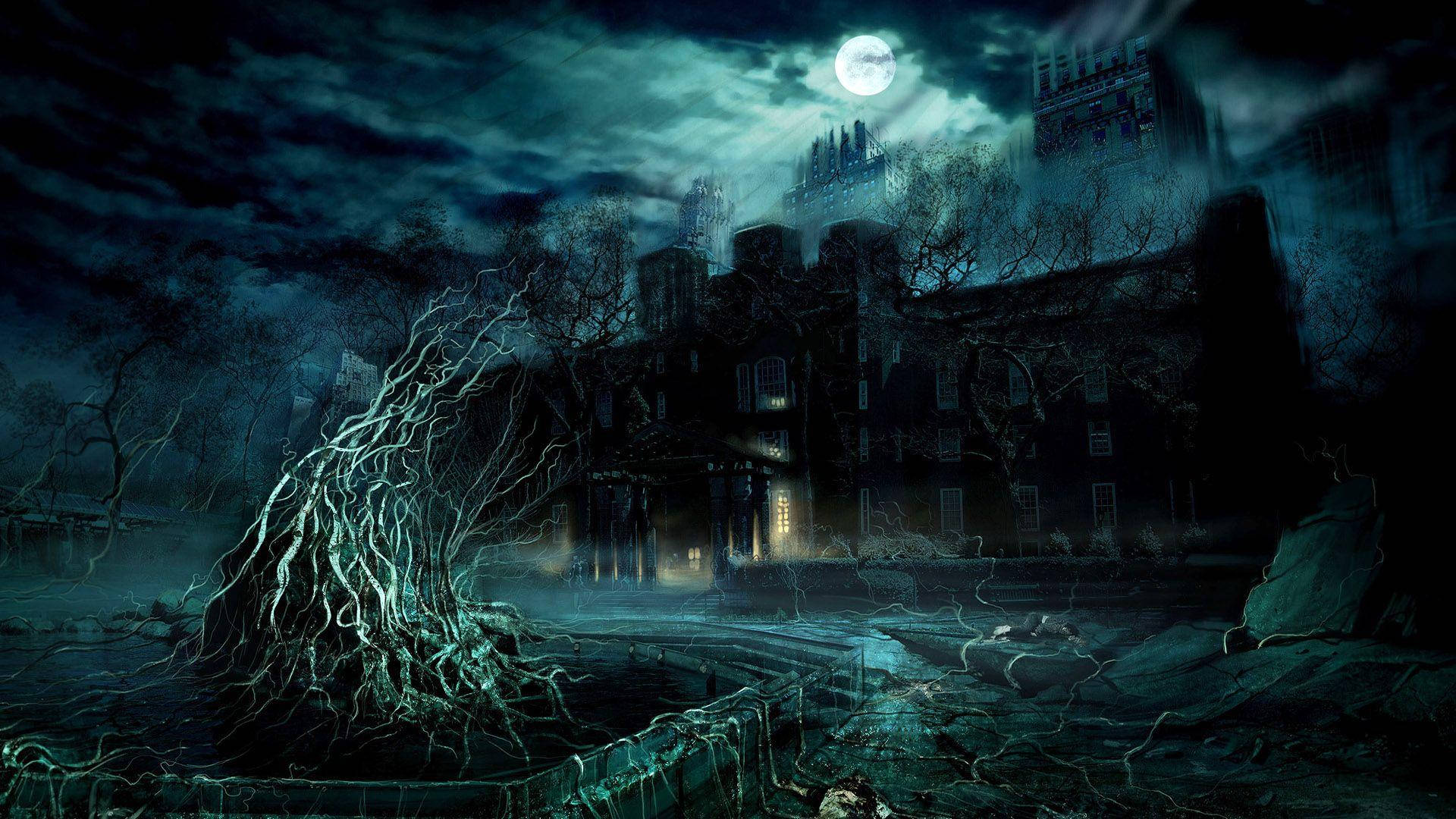 Haunted House With Creepy Trees Background