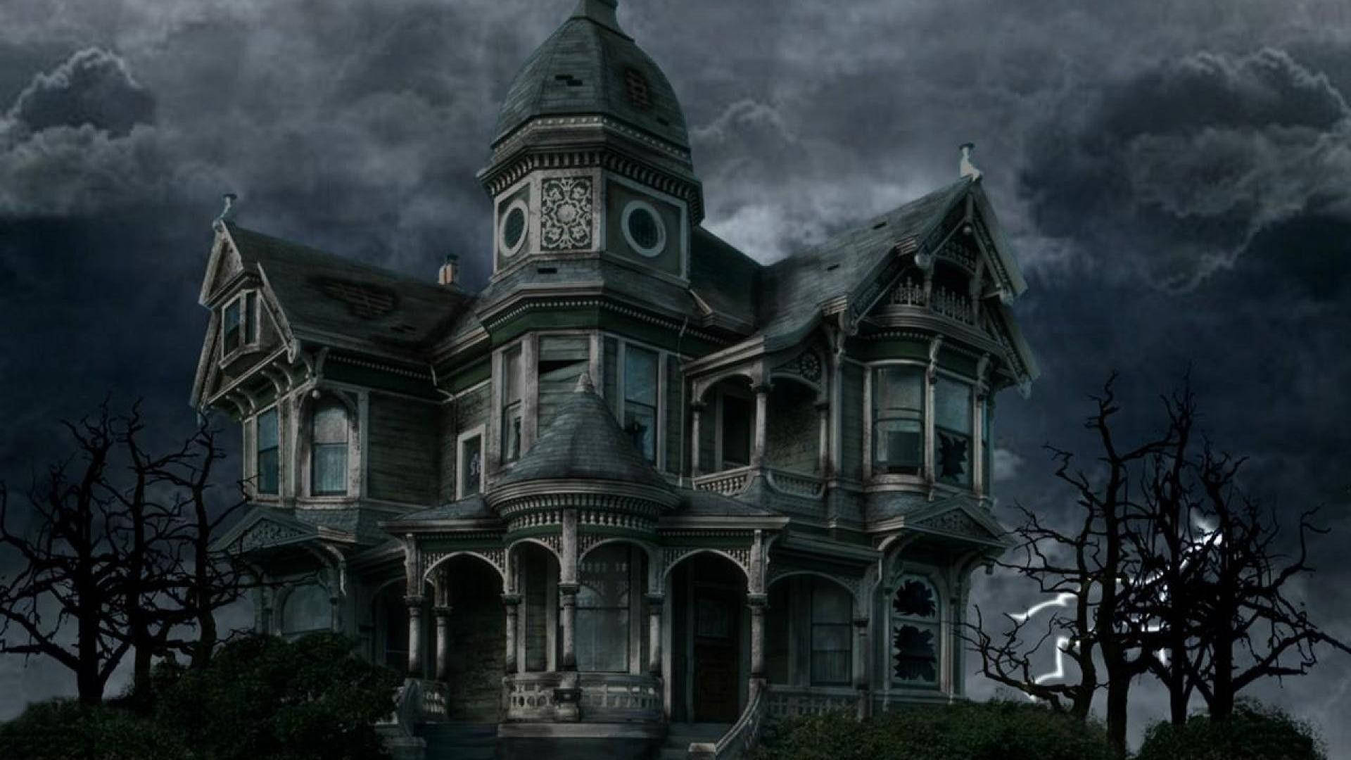 Haunted House With Dark Clouds Background