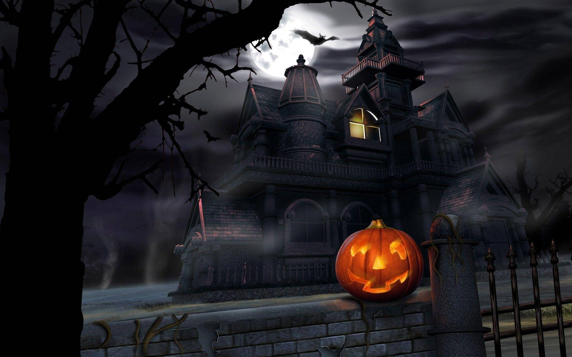 Haunted House With Glowing Pumpkin Background