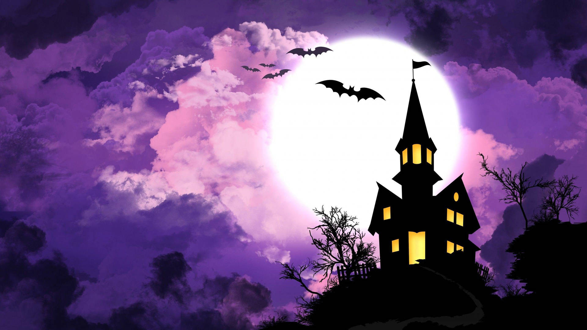 Haunted House With Purple Night Sky Background