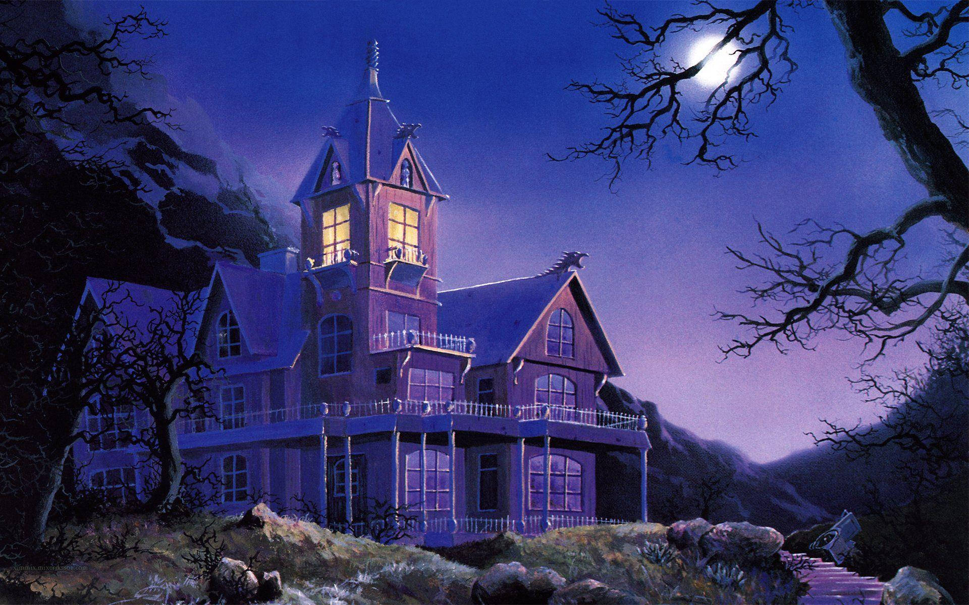 Haunted House With Purple Night Sky