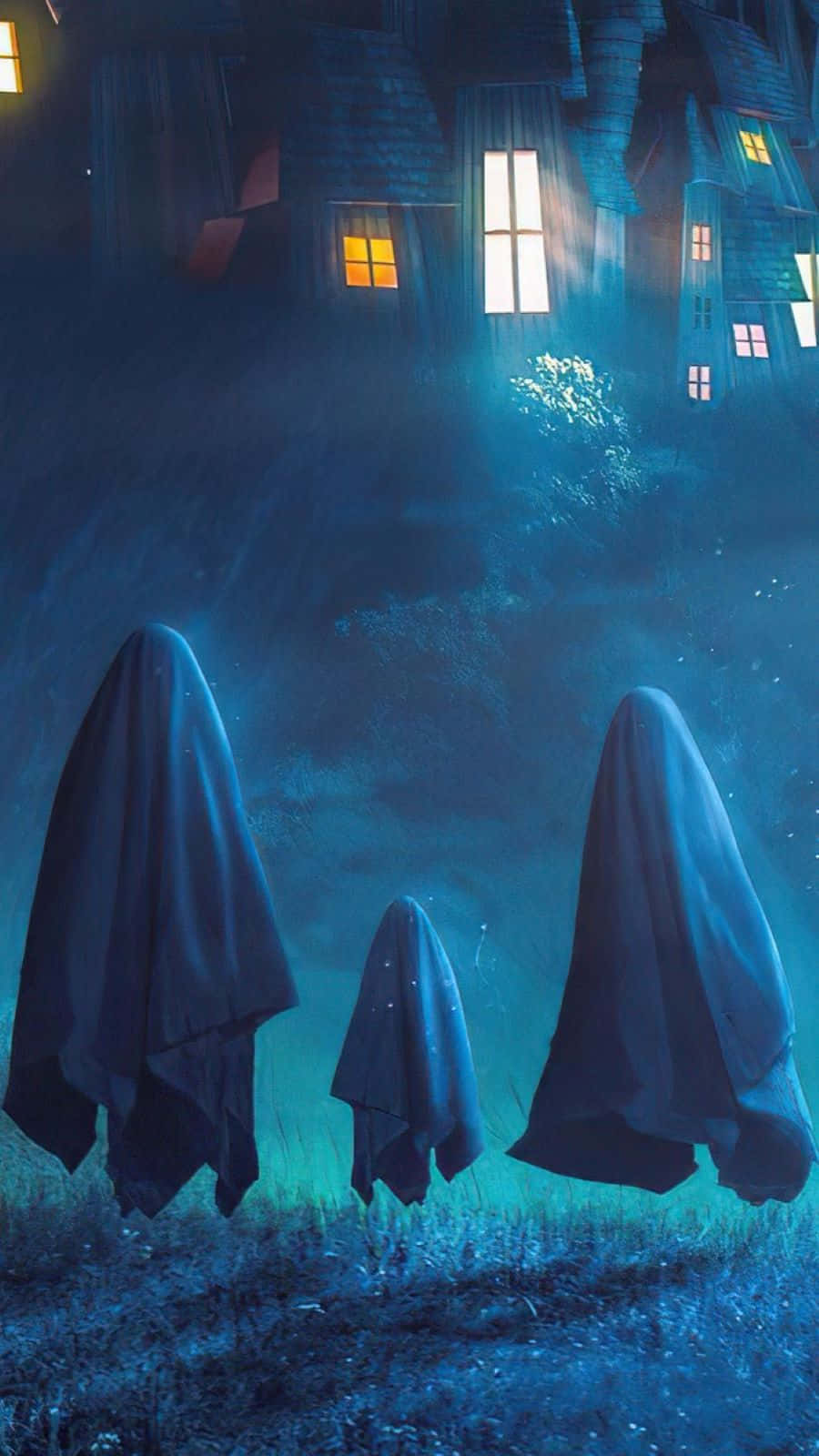 Haunted Houseand Ghostly Figures Background