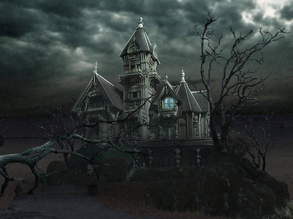 Haunted Mansion With Dead Trees Background