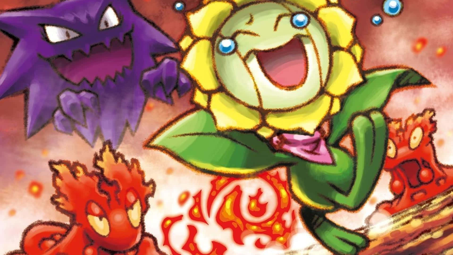 Haunter And Slugma Chasing Sunflora Background