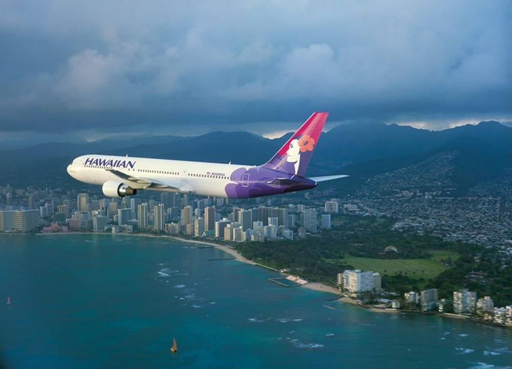 Hawaiian Airlines Plane With Cityscape View Background