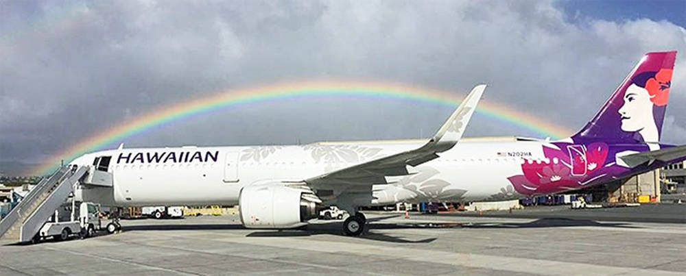 Hawaiian Airlines Plane With Rainbow Background