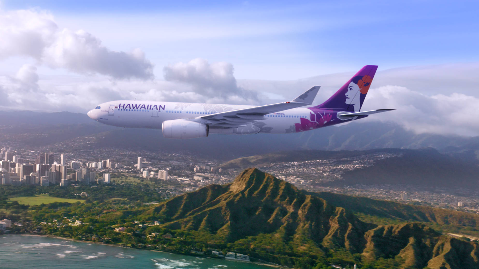 Hawaiian Airlines With Panoramic View Of Hawaii Background