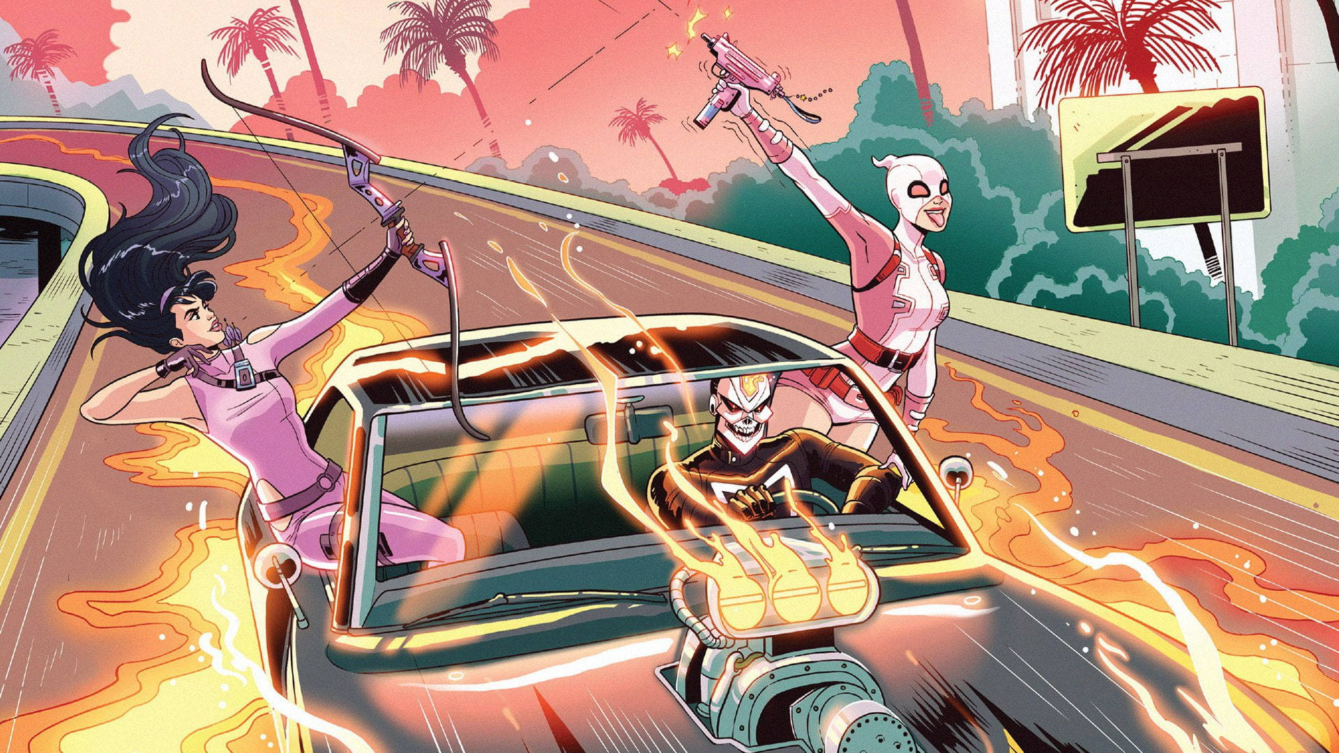 Hawkeye Gwenpool Ghost Rider On Fire Car Background