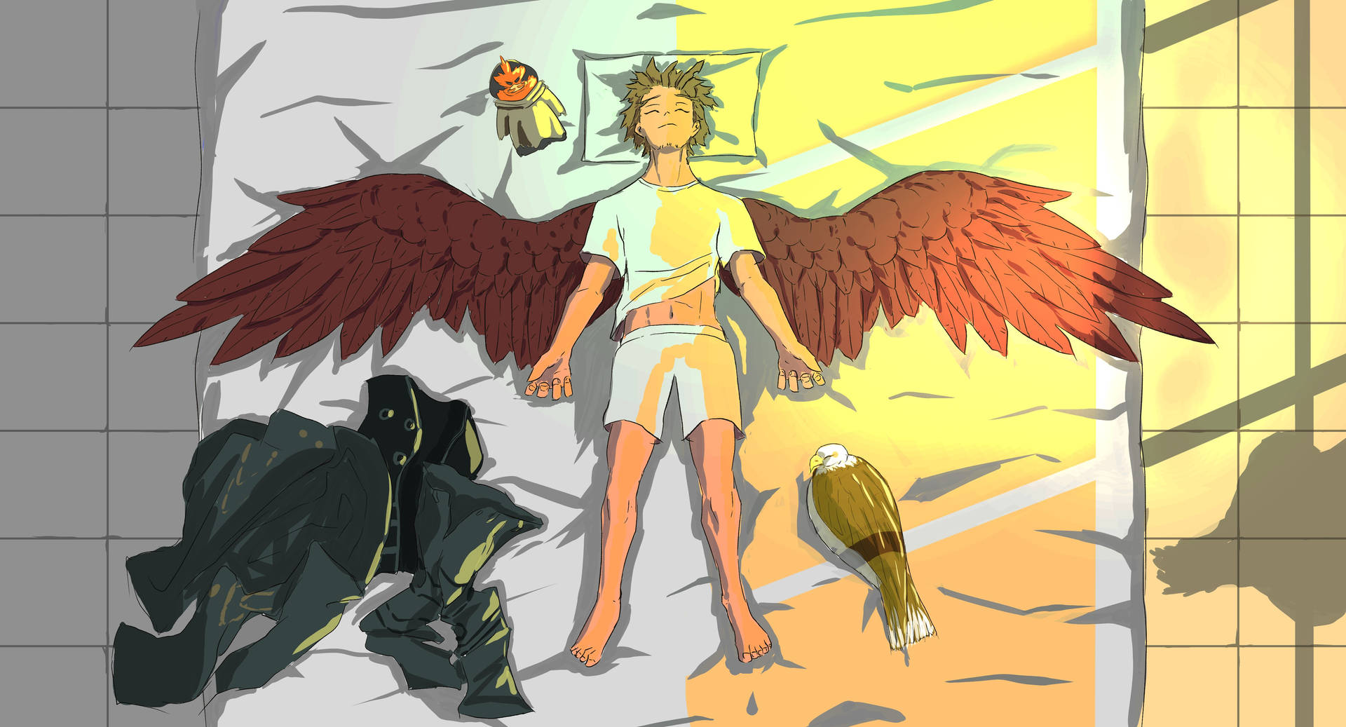 Hawks My Hero Academia Lying On Bed Background