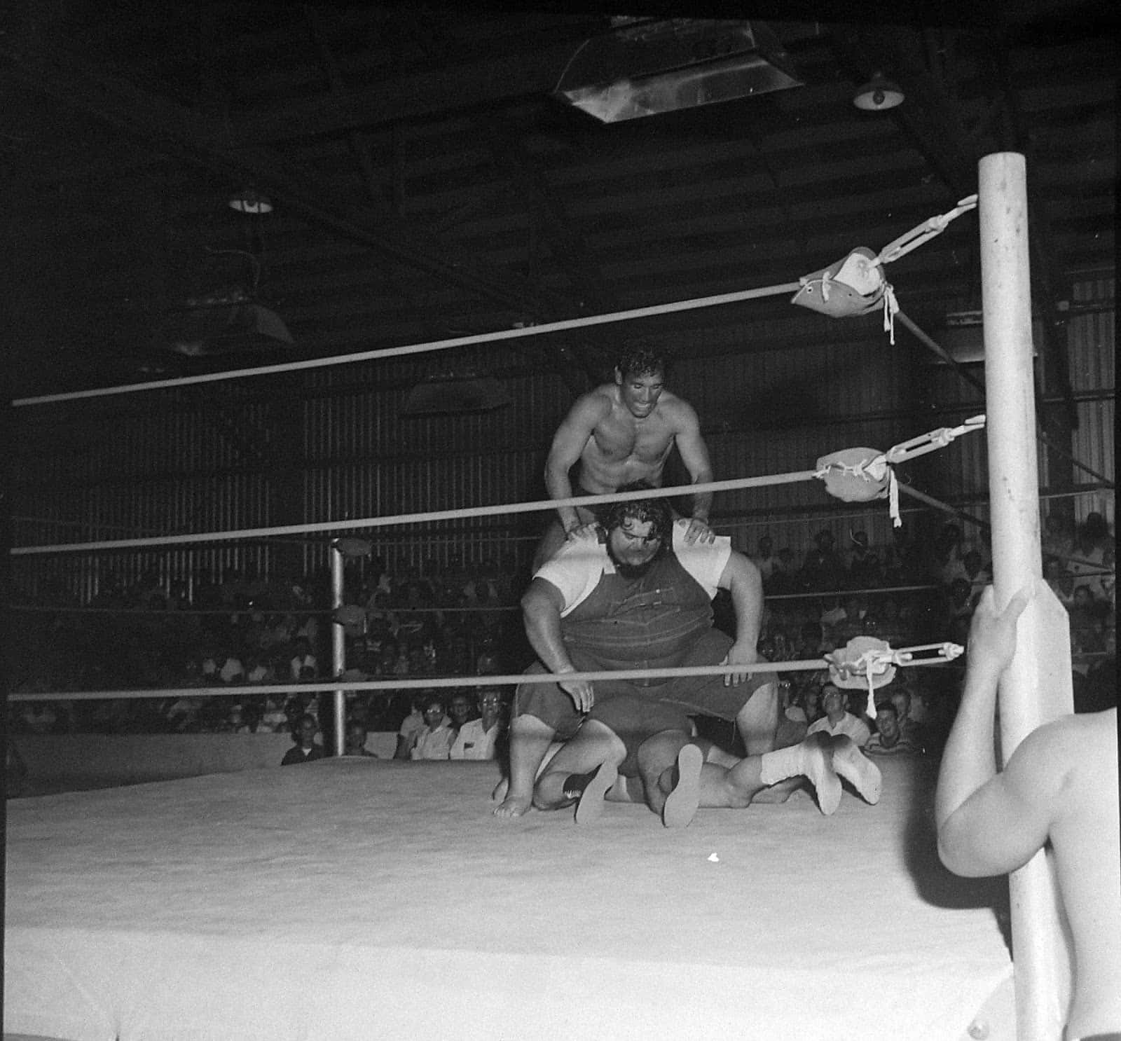 Haystacks Calhoun Facing Off Against Three Wrestlers In A 1963 Match At Fairgrounds Expo Background