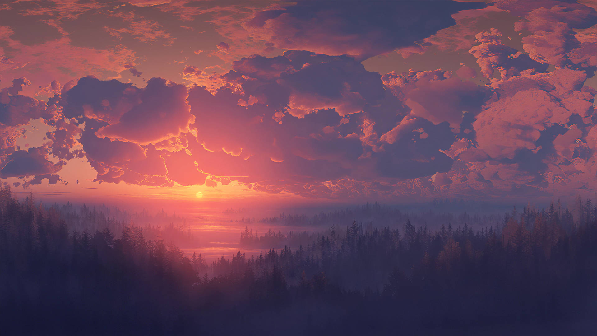 Hazy Forest Sunrise Digital Art Background