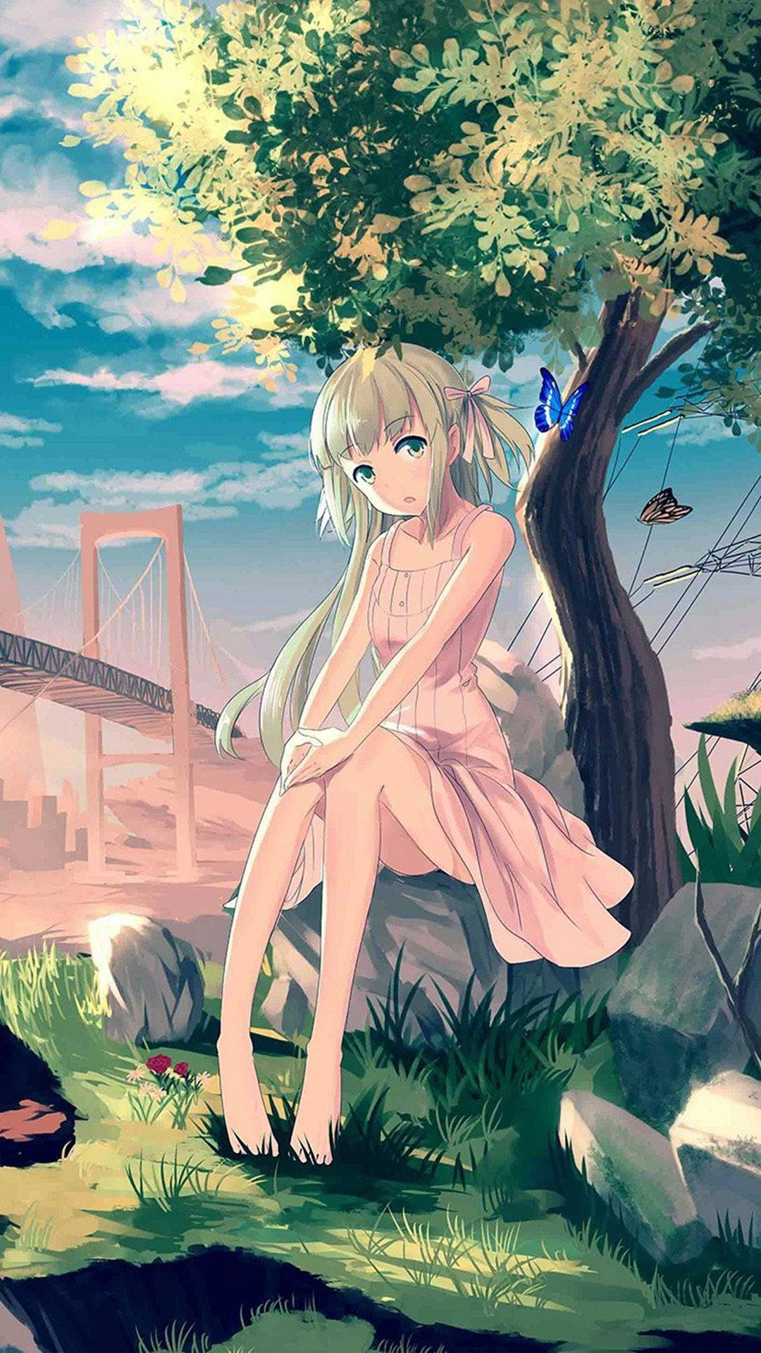 Hd Anime Phone Girl Sitting By Tree Background