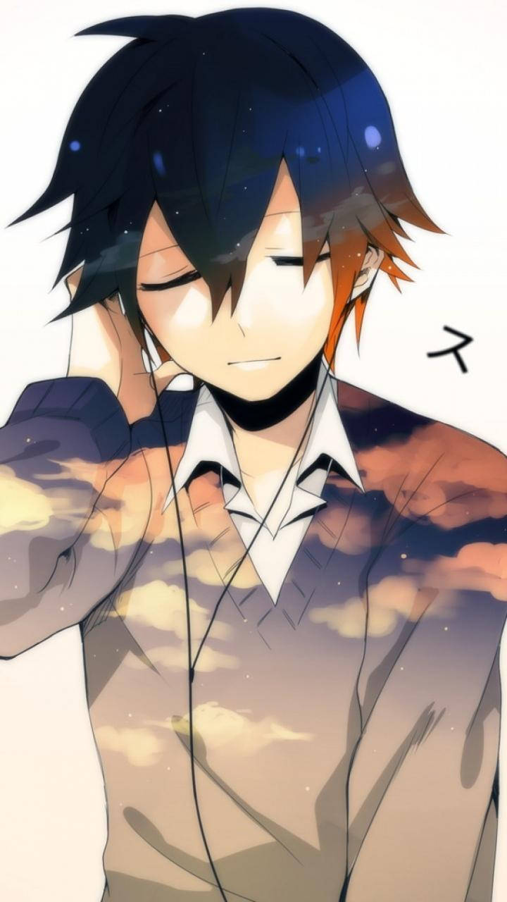 Hd Anime Phone Man With Earphones And Sky Shirt Background